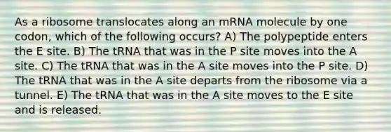 As a ribosome translocates along an mRNA molecule by one codon, which of the following occurs? A) The polypeptide enters the E site. B) The tRNA that was in the P site moves into the A site. C) The tRNA that was in the A site moves into the P site. D) The tRNA that was in the A site departs from the ribosome via a tunnel. E) The tRNA that was in the A site moves to the E site and is released.