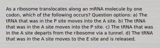 As a ribosome translocates along an mRNA molecule by one codon, which of the following occurs? Question options: a) The tRNA that was in the P site moves into the A site. b) The tRNA that was in the A site moves into the P site. c) The tRNA that was in the A site departs from the ribosome via a tunnel. d) The tRNA that was in the A site moves to the E site and is released.