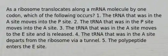 As a ribosome translocates along a mRNA molecule by one codon, which of the following occurs? 1. The tRNA that was in the A site moves into the P site. 2. The tRNA that was in the P site moves into the A site. 3. The tRNA that was in the A site moves to the E site and is released. 4. The tRNA that was in the A site departs from the ribosome via a tunnel. 5. The polypeptide enters the E site.