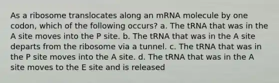 As a ribosome translocates along an mRNA molecule by one codon, which of the following occurs? a. The tRNA that was in the A site moves into the P site. b. The tRNA that was in the A site departs from the ribosome via a tunnel. c. The tRNA that was in the P site moves into the A site. d. The tRNA that was in the A site moves to the E site and is released