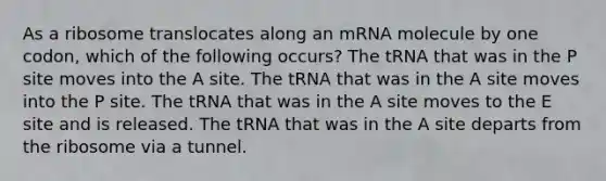 As a ribosome translocates along an mRNA molecule by one codon, which of the following occurs? The tRNA that was in the P site moves into the A site. The tRNA that was in the A site moves into the P site. The tRNA that was in the A site moves to the E site and is released. The tRNA that was in the A site departs from the ribosome via a tunnel.