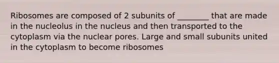 Ribosomes are composed of 2 subunits of ________ that are made in the nucleolus in the nucleus and then transported to the cytoplasm via the nuclear pores. Large and small subunits united in the cytoplasm to become ribosomes