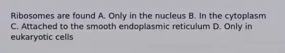 Ribosomes are found A. Only in the nucleus B. In the cytoplasm C. Attached to the smooth endoplasmic reticulum D. Only in <a href='https://www.questionai.com/knowledge/kb526cpm6R-eukaryotic-cells' class='anchor-knowledge'>eukaryotic cells</a>