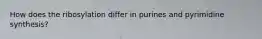 How does the ribosylation differ in purines and pyrimidine synthesis?