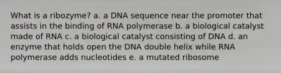 What is a ribozyme? a. a DNA sequence near the promoter that assists in the binding of RNA polymerase b. a biological catalyst made of RNA c. a biological catalyst consisting of DNA d. an enzyme that holds open the DNA double helix while RNA polymerase adds nucleotides e. a mutated ribosome