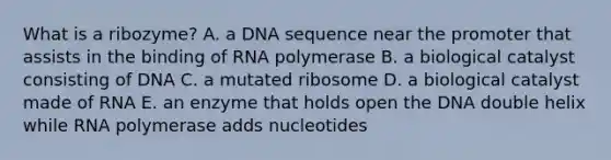 What is a ribozyme? A. a DNA sequence near the promoter that assists in the binding of RNA polymerase B. a biological catalyst consisting of DNA C. a mutated ribosome D. a biological catalyst made of RNA E. an enzyme that holds open the DNA double helix while RNA polymerase adds nucleotides