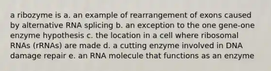 a ribozyme is a. an example of rearrangement of exons caused by alternative RNA splicing b. an exception to the one gene-one enzyme hypothesis c. the location in a cell where ribosomal RNAs (rRNAs) are made d. a cutting enzyme involved in DNA damage repair e. an RNA molecule that functions as an enzyme