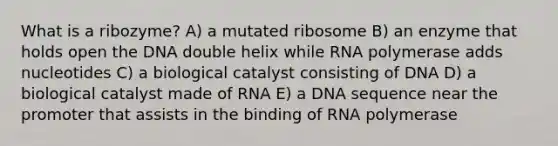 What is a ribozyme? A) a mutated ribosome B) an enzyme that holds open the DNA double helix while RNA polymerase adds nucleotides C) a biological catalyst consisting of DNA D) a biological catalyst made of RNA E) a DNA sequence near the promoter that assists in the binding of RNA polymerase