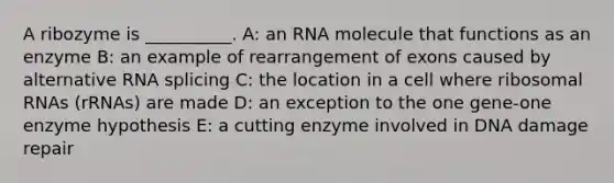 A ribozyme is __________. A: an RNA molecule that functions as an enzyme B: an example of rearrangement of exons caused by alternative RNA splicing C: the location in a cell where <a href='https://www.questionai.com/knowledge/k4lWAiAI7W-ribosomal-rna' class='anchor-knowledge'>ribosomal rna</a>s (rRNAs) are made D: an exception to the one gene-one enzyme hypothesis E: a cutting enzyme involved in DNA damage repair