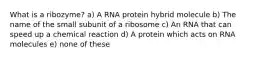 What is a ribozyme? a) A RNA protein hybrid molecule b) The name of the small subunit of a ribosome c) An RNA that can speed up a chemical reaction d) A protein which acts on RNA molecules e) none of these