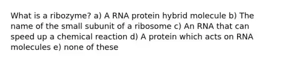 What is a ribozyme? a) A RNA protein hybrid molecule b) The name of the small subunit of a ribosome c) An RNA that can speed up a chemical reaction d) A protein which acts on RNA molecules e) none of these