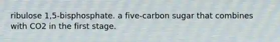 ribulose 1,5-bisphosphate. a five-carbon sugar that combines with CO2 in the first stage.