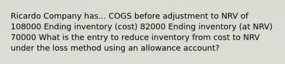 Ricardo Company has... COGS before adjustment to NRV of 108000 Ending inventory (cost) 82000 Ending inventory (at NRV) 70000 What is the entry to reduce inventory from cost to NRV under the loss method using an allowance account?