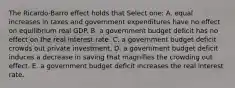 The Ricardo-Barro effect holds that Select one: A. equal increases in taxes and government expenditures have no effect on equilibrium real GDP. B. a government budget deficit has no effect on the real interest rate. C. a government budget deficit crowds out private investment. D. a government budget deficit induces a decrease in saving that magnifies the crowding out effect. E. a government budget deficit increases the real interest rate.