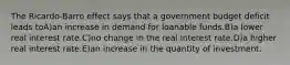 The Ricardo-Barro effect says that a government budget deficit leads toA)an increase in demand for loanable funds.B)a lower real interest rate.C)no change in the real interest rate.D)a higher real interest rate.E)an increase in the quantity of investment.