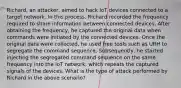 Richard, an attacker, aimed to hack IoT devices connected to a target network. In this process, Richard recorded the frequency required to share information between connected devices. After obtaining the frequency, he captured the original data when commands were initiated by the connected devices. Once the original data were collected, he used free tools such as URH to segregate the command sequence. Subsequently, he started injecting the segregated command sequence on the same frequency into the IoT network, which repeats the captured signals of the devices. What is the type of attack performed by Richard in the above scenario?