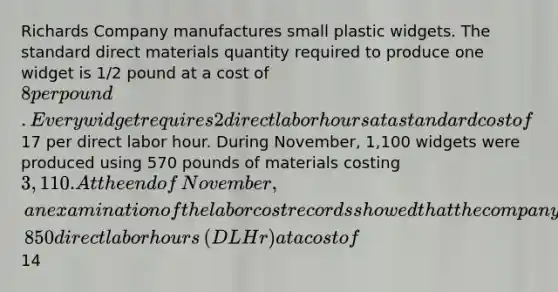 Richards Company manufactures small plastic widgets. The standard direct materials quantity required to produce one widget is​ 1/2 pound at a cost of 8 per pound. Every widget requires 2 direct labor hours at a standard cost of17 per direct labor hour. During​ November, 1,100 widgets were produced using 570 pounds of materials costing 3,110. At the end of​ November, an examination of the labor cost records showed that the company used 1,850 direct labor hours​ (DLHr) at a cost of14