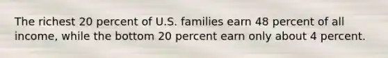 The richest 20 percent of U.S. families earn 48 percent of all income, while the bottom 20 percent earn only about 4 percent.