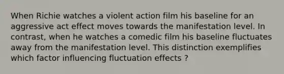 When Richie watches a violent action film his baseline for an aggressive act effect moves towards the manifestation level. In contrast, when he watches a comedic film his baseline fluctuates away from the manifestation level. This distinction exemplifies which factor influencing fluctuation effects ?