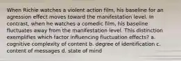 When Richie watches a violent action film, his baseline for an agression effect moves toward the manifestation level. In contrast, when he watches a comedic film, his baseline fluctuates away from the manifestation level. This distinction exemplifies which factor influencing fluctuation effects? a. cognitive complexity of content b. degree of identification c. content of messages d. state of mind