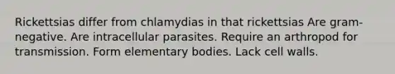 Rickettsias differ from chlamydias in that rickettsias Are gram-negative. Are intracellular parasites. Require an arthropod for transmission. Form elementary bodies. Lack cell walls.