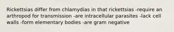 Rickettsias differ from chlamydias in that rickettsias -require an arthropod for transmission -are intracellular parasites -lack cell walls -form elementary bodies -are gram negative