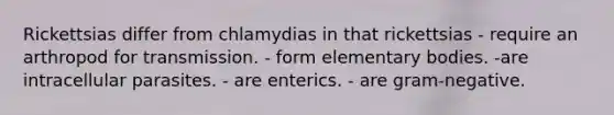 Rickettsias differ from chlamydias in that rickettsias - require an arthropod for transmission. - form elementary bodies. -are intracellular parasites. - are enterics. - are gram-negative.