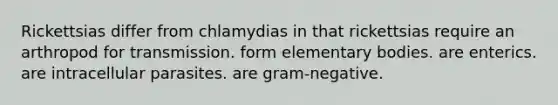 Rickettsias differ from chlamydias in that rickettsias require an arthropod for transmission. form elementary bodies. are enterics. are intracellular parasites. are gram-negative.