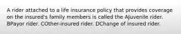 A rider attached to a life insurance policy that provides coverage on the insured's family members is called the AJuvenile rider. BPayor rider. COther-insured rider. DChange of insured rider.