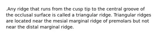 .Any ridge that runs from the cusp tip to the central groove of the occlusal surface is called a triangular ridge. Triangular ridges are located near the mesial marginal ridge of premolars but not near the distal marginal ridge.