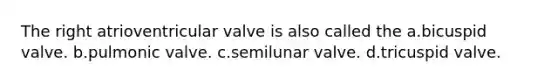 The right atrioventricular valve is also called the a.bicuspid valve. b.pulmonic valve. c.semilunar valve. d.tricuspid valve.