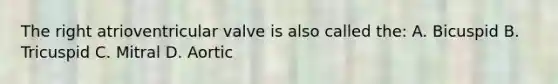 The right atrioventricular valve is also called the: A. Bicuspid B. Tricuspid C. Mitral D. Aortic
