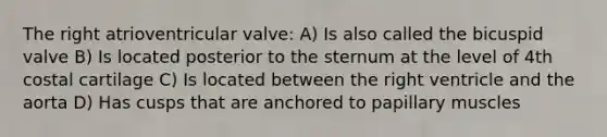 The right atrioventricular valve: A) Is also called the bicuspid valve B) Is located posterior to the sternum at the level of 4th costal cartilage C) Is located between the right ventricle and the aorta D) Has cusps that are anchored to papillary muscles