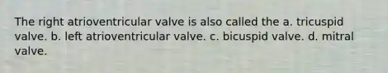 The right atrioventricular valve is also called the a. tricuspid valve. b. left atrioventricular valve. c. bicuspid valve. d. mitral valve.