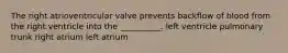 The right atrioventricular valve prevents backflow of blood from the right ventricle into the __________. left ventricle pulmonary trunk right atrium left atrium