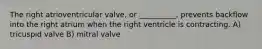 The right atrioventricular valve, or __________, prevents backflow into the right atrium when the right ventricle is contracting. A) tricuspid valve B) mitral valve