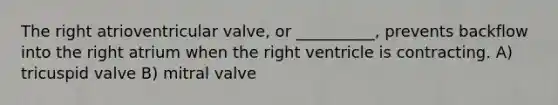 The right atrioventricular valve, or __________, prevents backflow into the right atrium when the right ventricle is contracting. A) tricuspid valve B) mitral valve