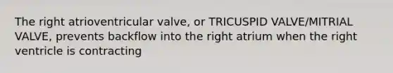 The right atrioventricular valve, or TRICUSPID VALVE/MITRIAL VALVE, prevents backflow into the right atrium when the right ventricle is contracting