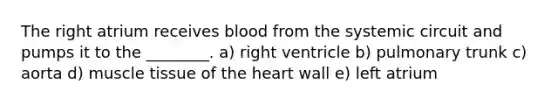 The right atrium receives blood from the systemic circuit and pumps it to the ________. a) right ventricle b) pulmonary trunk c) aorta d) <a href='https://www.questionai.com/knowledge/kMDq0yZc0j-muscle-tissue' class='anchor-knowledge'>muscle tissue</a> of <a href='https://www.questionai.com/knowledge/kya8ocqc6o-the-heart' class='anchor-knowledge'>the heart</a> wall e) left atrium