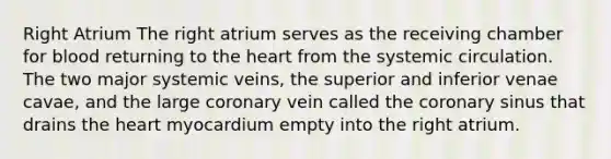 Right Atrium The right atrium serves as the receiving chamber for blood returning to <a href='https://www.questionai.com/knowledge/kya8ocqc6o-the-heart' class='anchor-knowledge'>the heart</a> from the systemic circulation. The two major systemic veins, the superior and inferior venae cavae, and the large coronary vein called the coronary sinus that drains the heart myocardium empty into the right atrium.