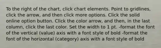 To the right of the chart, click chart elements. Point to gridlines, click the arrow, and then click more options. Click the solid online option button. Click the color arrow, and then, in the last column, click the last color. Set the width to 1 pt. -format the font of the vertical (value) axis with a font style of bold -format the font of the horizontal (category) axis with a font style of bold