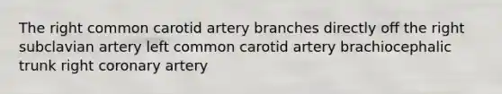 The right common carotid artery branches directly off the right subclavian artery left common carotid artery brachiocephalic trunk right coronary artery