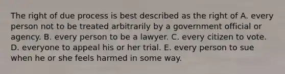 The right of due process is best described as the right of A. every person not to be treated arbitrarily by a government official or agency. B. every person to be a lawyer. C. every citizen to vote. D. everyone to appeal his or her trial. E. every person to sue when he or she feels harmed in some way.