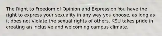 The Right to Freedom of Opinion and Expression You have the right to express your sexuality in any way you choose, as long as it does not violate the sexual rights of others. KSU takes pride in creating an inclusive and welcoming campus climate.