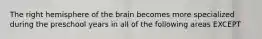 The right hemisphere of the brain becomes more specialized during the preschool years in all of the following areas EXCEPT