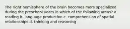 The right hemisphere of the brain becomes more specialized during the preschool years in which of the following areas? a. reading b. language production c. comprehension of spatial relationships d. thinking and reasoning