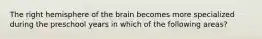 The right hemisphere of the brain becomes more specialized during the preschool years in which of the following areas?