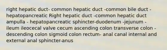 right hepatic duct- common hepatic duct -common bile duct - hepatopancreatic Right hepatic duct -common hepatic duct ampulla - hepatopancreatic sphincter-duodenum -jejunum - ileum ileocecal valve cecum ascending colon transverse colon -descending colon sigmoid colon rectum- anal canal internal and external anal sphincter-anus