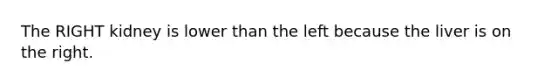 The RIGHT kidney is lower than the left because the liver is on the right.