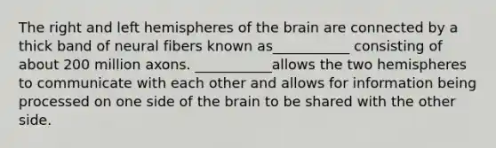 The right and left hemispheres of the brain are connected by a thick band of neural fibers known as___________ consisting of about 200 million axons. ___________allows the two hemispheres to communicate with each other and allows for information being processed on one side of the brain to be shared with the other side.